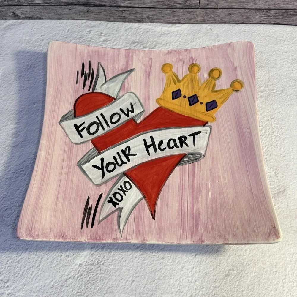 Hand Painted Heart Plate Follow‎ Your Heart XOXO Pink Square Art Wall Decor